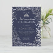 Zilveren bloemenmarineblauw foto Tiara Quinceañera Kaart (Staand voorkant)