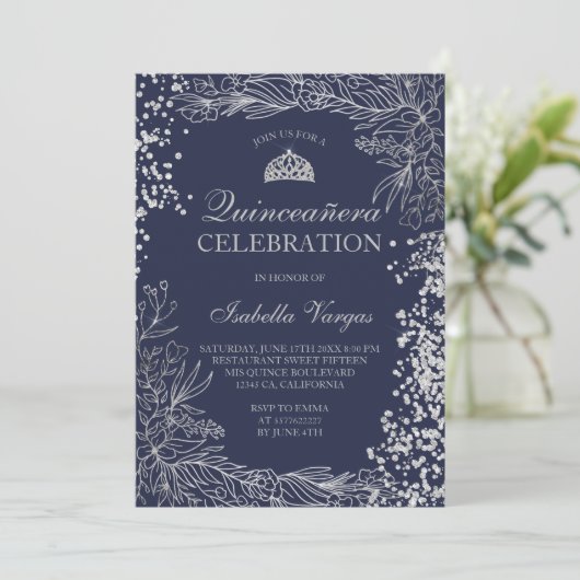 Zilveren bloemenmarineblauw foto Tiara Quinceañera Kaart (Staand voorkant)