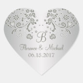 Zilveren bloemenwervelingen Bruiloft Hart Sticker (Voorkant)