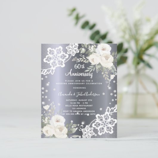 Zilveren bloemetjes 60e huwelijksverjaardag uitnod (Staand voorkant)