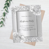 Zilveren bloemetjes Kerst Party uitnodiging