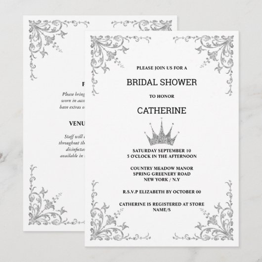 Zilveren  bloemhoeken tiara minimalist kaart (Voorkant / Achterkant)