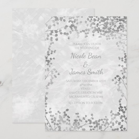 Zilveren Bloemige Bessen Elegante Trouw Uitnodigin Kaart (Voorkant / Achterkant)