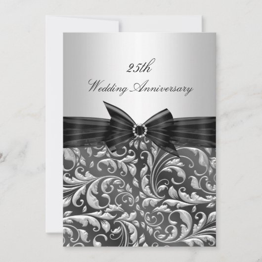 Zilveren Bloemige Blad 25 Jaar Trouwdag Uitnodigin Kaart (Voorkant)