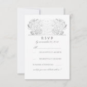 Zilveren bloemige bruiloft RSVP kaart met roze ach (Voorkant)