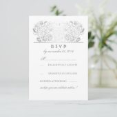 Zilveren bloemige bruiloft RSVP kaart met roze ach (Staand voorkant)