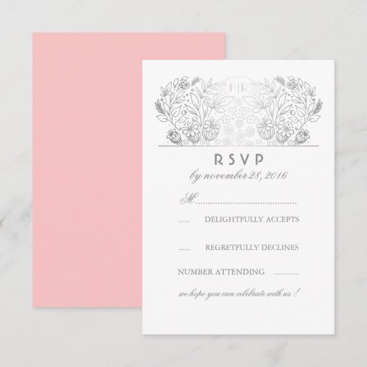 Zilveren bloemige bruiloft RSVP kaart met roze ach (Voorkant / Achterkant)