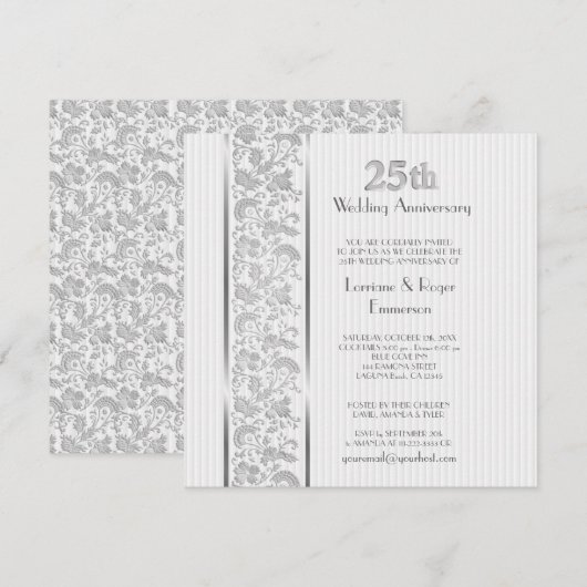 Zilveren Bloemige Elegantie 25e Verjaardag Kaart (Voorkant / Achterkant)
