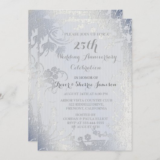 Zilveren Bloemige Huwelijksjubileum Uitnodiging (Voorkant / Achterkant)