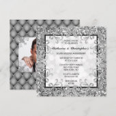 Zilveren bloemige kronkelende glitters vierlobbig  kaart (Voorkant / Achterkant)