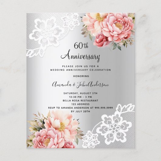 Zilveren bloemige uitnodiging voor 60-jarig huweli (Voorkant)