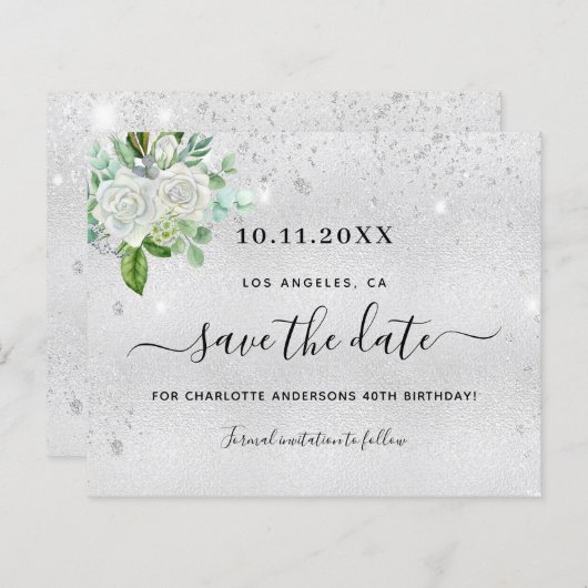 Zilveren bloemige verjaardagsfeest save the date k (Voorkant / Achterkant)