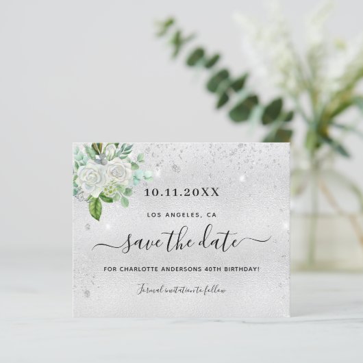 Zilveren bloemige verjaardagsfeest save the date k (Staand voorkant)