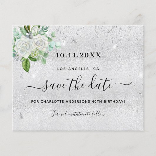 Zilveren bloemige verjaardagsfeest save the date k (Voorkant)