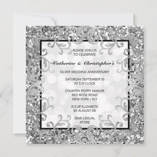 Zilveren bloemige wervelende glinsterende vierlobb kaart (Voorkant)