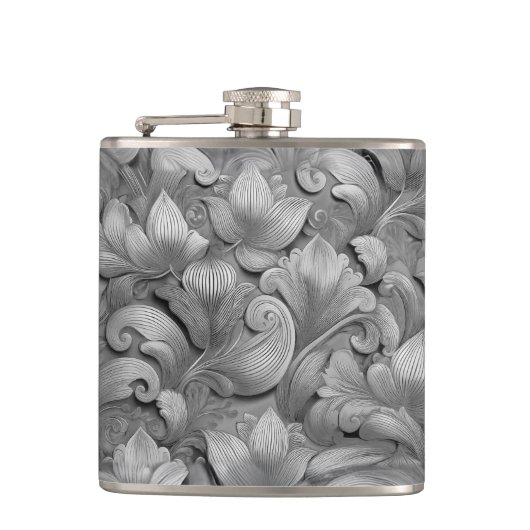 Zilveren Bloesem Elegantie Print (AI + Human) Heupfles (Voorkant)