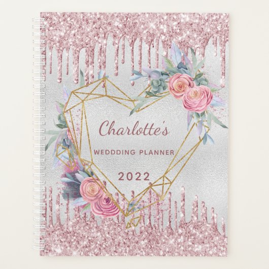 Zilveren blos roze glitter bruiloft planner (Voorkant)