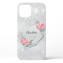 Zilveren blos roze glitter naam