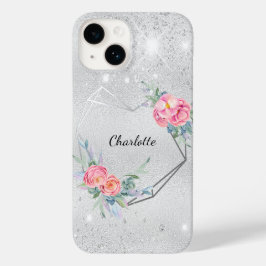 Zilveren blos roze glitter naam Case-Mate iPhone 14 hoesje