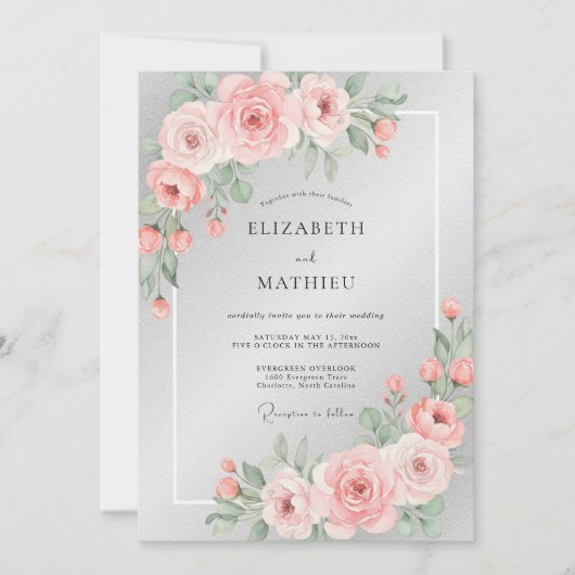 Zilveren Blush Bloemblad Bruiloft Kaart (Voorkant)