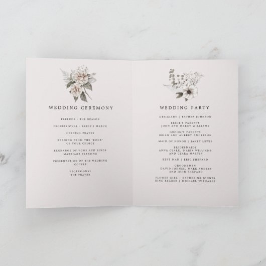 Zilveren Blush Bloemen Elegant Bruiloft Programma (Binnen)