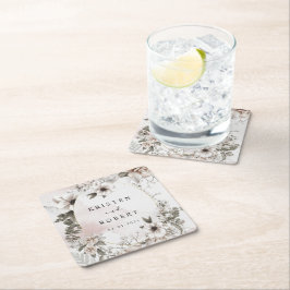 zilveren blush bloemenbruiloft vierkant papier ond kartonnen onderzetters