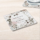 zilveren blush bloemenbruiloft vierkant papier ond kartonnen onderzetters (Schuin)