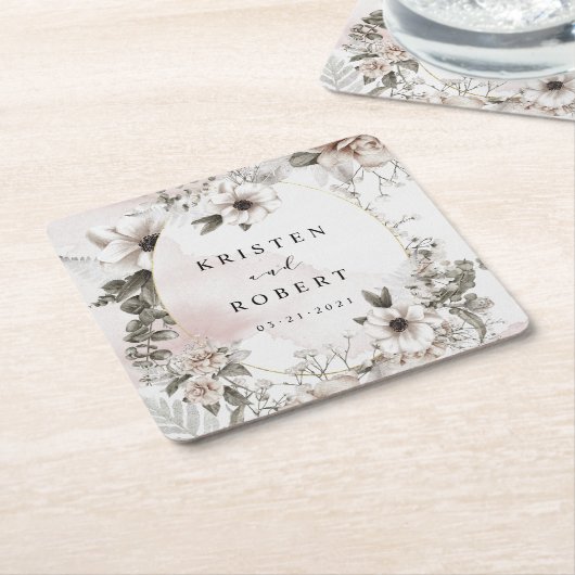 zilveren blush bloemenbruiloft vierkant papier ond kartonnen onderzetters (Schuin)