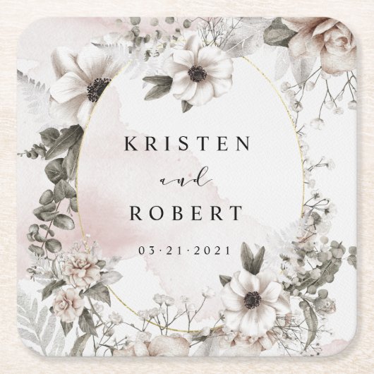 zilveren blush bloemenbruiloft vierkant papier ond kartonnen onderzetters (Voorkant)