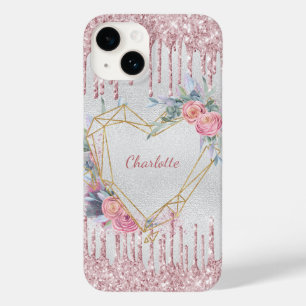 Zilveren blush roze bloemenhart naam Case-Mate iPhone 14 hoesje