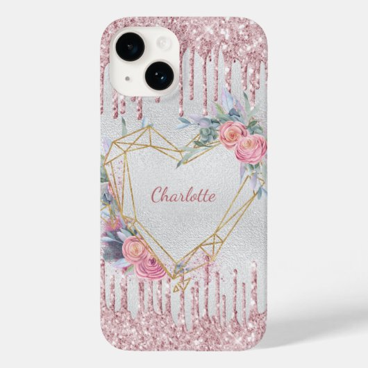 Zilveren blush roze bloemenhart naam Case-Mate iPhone case (Achterkant)
