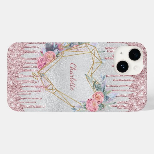 Zilveren blush roze bloemenhart naam Case-Mate iPhone case (Achterkant (horizontaal))