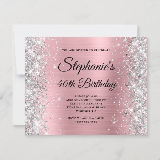 Zilveren Blush Roze Glam Monogram 40e Verjaardag (Voorkant)