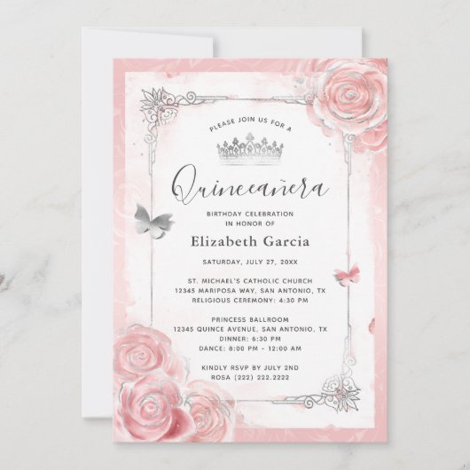 Zilveren Blush Roze Rozen Waterverf Quinceanera Kaart (Voorkant)