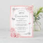 Zilveren Blush Roze Rozen Waterverf Quinceanera Kaart (Staand voorkant)