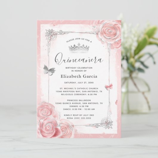 Zilveren Blush Roze Rozen Waterverf Quinceanera Kaart (Staand voorkant)