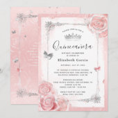 Zilveren Blush Roze Rozen Waterverf Quinceanera Kaart (Voorkant / Achterkant)