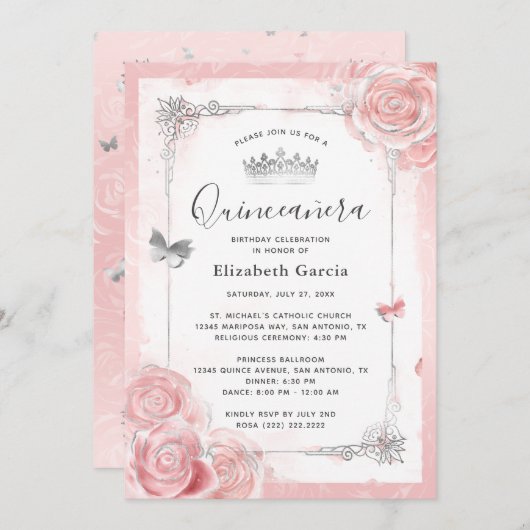 Zilveren Blush Roze Rozen Waterverf Quinceanera Kaart (Voorkant / Achterkant)