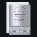 Zilveren boog elegante verjaardag kaart<br><div class="desc">Een moderne,  stijlvolle en glamoureuze uitnodiging voor een 50ste of een leeftijd verjaardagsfeestje. Een faux zilver uitziende achtergrond met een elegante faux zilveren strik,  lint en glinstering. De naam is geschreven met een modern zwart handschrift. Sjablonen voor uw feestgegevens.</div>