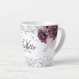 Zilveren bordeaux bloemen elegante monogram naam latte mok