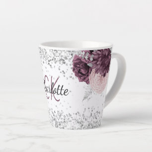 Zilveren bordeaux bloemen elegante monogram naam latte mok