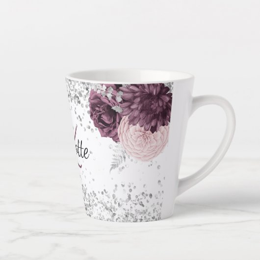 Zilveren bordeaux bloemen elegante monogram naam latte mok (Rechts)