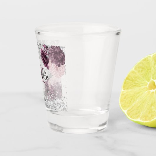 Zilveren bordeaux bloemen elegante monogram naam shot glas (Rechts)