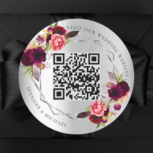 Zilveren bordeaux bloemen geometrische QR code bru Ronde Sticker