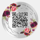 Zilveren bordeaux bloemen geometrische QR code bru Ronde Sticker (Voorkant)