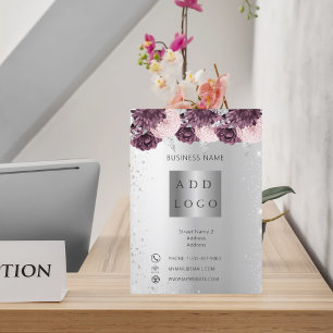 Zilveren bordeaux bloemen zakelijke brochure drieluik kaart