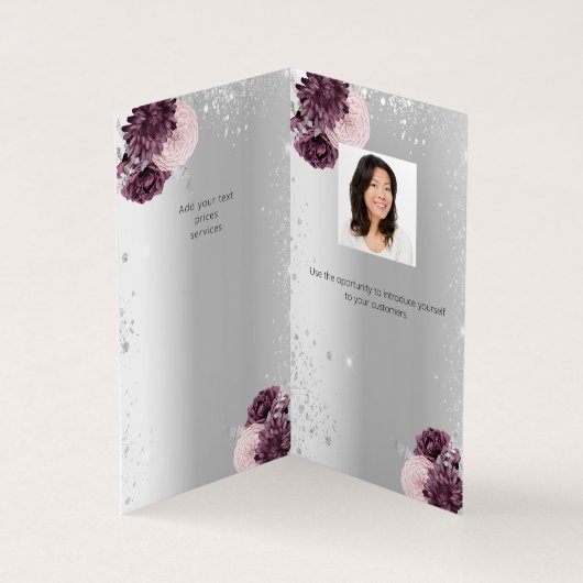Zilveren bordeaux bloemen zakelijke brochure kaart (Binnen)