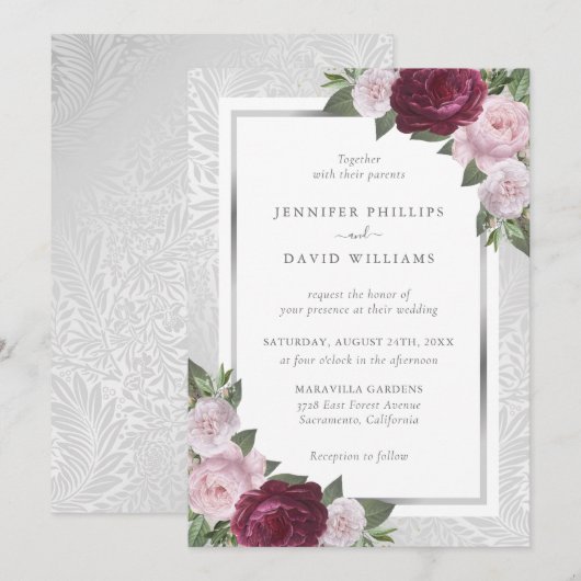 Zilveren bordeaux bloesem bruiloft uitnodigingen (Voorkant / Achterkant)