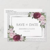 Zilveren bordeaux blozen bruiloft Save the Date Aankondigingskaart (Voorkant / Achterkant)
