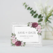Zilveren bordeaux blozen bruiloft Save the Date Aankondigingskaart (Staand voorkant)